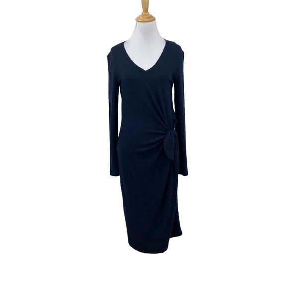 Lucky Brand Midi Dress Womens XS Navy Blue Stretch V Neck Long Sleeve Side Knot - Picture 1 of 15